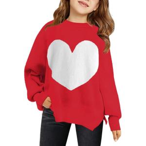 Haloumoning Girls Oversized Sweaters Kids Fashion Heart Batwing Sleeve Ribbed Knit Side Slit Pullover Tops(Red)