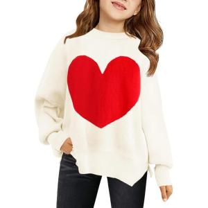 Haloumoning Girls Oversized Sweaters Kids Fashion Heart Batwing Sleeve Ribbed Knit Side Slit Pullover Tops(White)