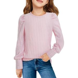 Haloumoning Girls Puff Long Sleeve Shirts Kids Fashion Ribbed Knit Tops Blouse 5-14 Years(Pink)