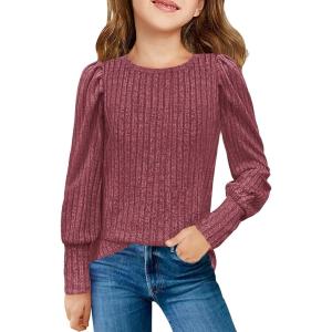 Haloumoning Girls Puff Long Sleeve Shirts Kids Fashion Ribbed Knit Tops Blouse 5-14 Years(Wine Red)