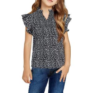 Haloumoning Girls Ruffle Short Sleeve Floral Chiffon Blouses Kids Summer Shirts Tops 5-14 Years(Black)