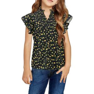 Haloumoning Girls Ruffle Short Sleeve Floral Chiffon Blouses Kids Summer Shirts Tops 5-14 Years(Navy Blue)