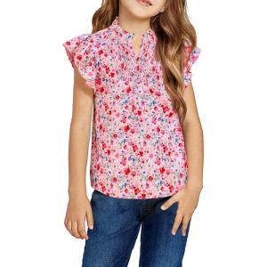 Haloumoning Girls Ruffle Short Sleeve Floral Chiffon Blouses Kids Summer Shirts Tops 5-14 Years(Pink)