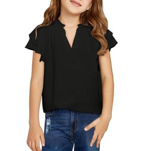 Haloumoning Girls Ruffle Short Sleeve T Shirts Casual V Neck Chiffon Blouse Cute Summer Tops 5-14Y(Black)