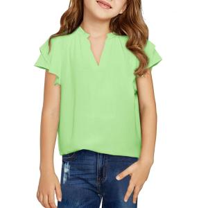 Haloumoning Girls Ruffle Short Sleeve T Shirts Casual V Neck Chiffon Blouse Cute Summer Tops 5-14Y(Light Green)