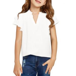 Haloumoning Girls Ruffle Short Sleeve T Shirts Casual V Neck Chiffon Blouse Cute Summer Tops 5-14Y(White)