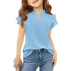 Haloumoning Girls Ruffle Short Sleeve T Shirts Kids Summer Cute V Neck Tops Blouses 5-14 Years(Blue)