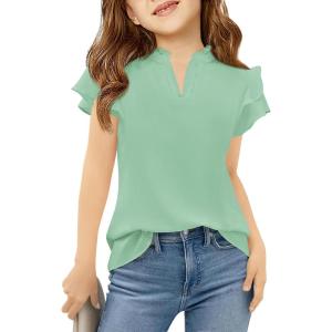 Haloumoning Girls Ruffle Short Sleeve T Shirts Kids Summer Cute V Neck Tops Blouses 5-14 Years(Mint)