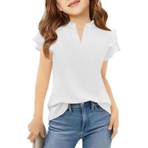 Haloumoning Girls Ruffle Short Sleeve T Shirts Kids Summer Cute V Neck Tops Blouses 5-14 Years(White)