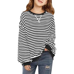 Haloumoning Girls Striped Crewneck Sweatshirt Kids Long Sleeve Oversized Fashion Pullover Tops Fall Clothes 5-14 Years(Black)