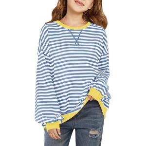 Haloumoning Girls Striped Crewneck Sweatshirt Kids Long Sleeve Oversized Fashion Pullover Tops Fall Clothes 5-14 Years(Sky Blue)