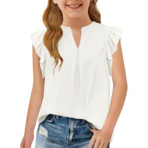 Haloumoning Girls Summer T Shirts Kids Fashion V Neck Ruffle Short Sleeve Tops Blouse 5-14 Years(Beige)