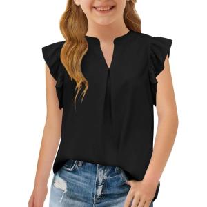 Haloumoning Girls Summer T Shirts Kids Fashion V Neck Ruffle Short Sleeve Tops Blouse 5-14 Years(Black)