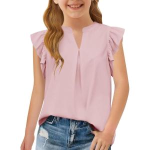 Haloumoning Girls Summer T Shirts Kids Fashion V Neck Ruffle Short Sleeve Tops Blouse 5-14 Years(Pink)