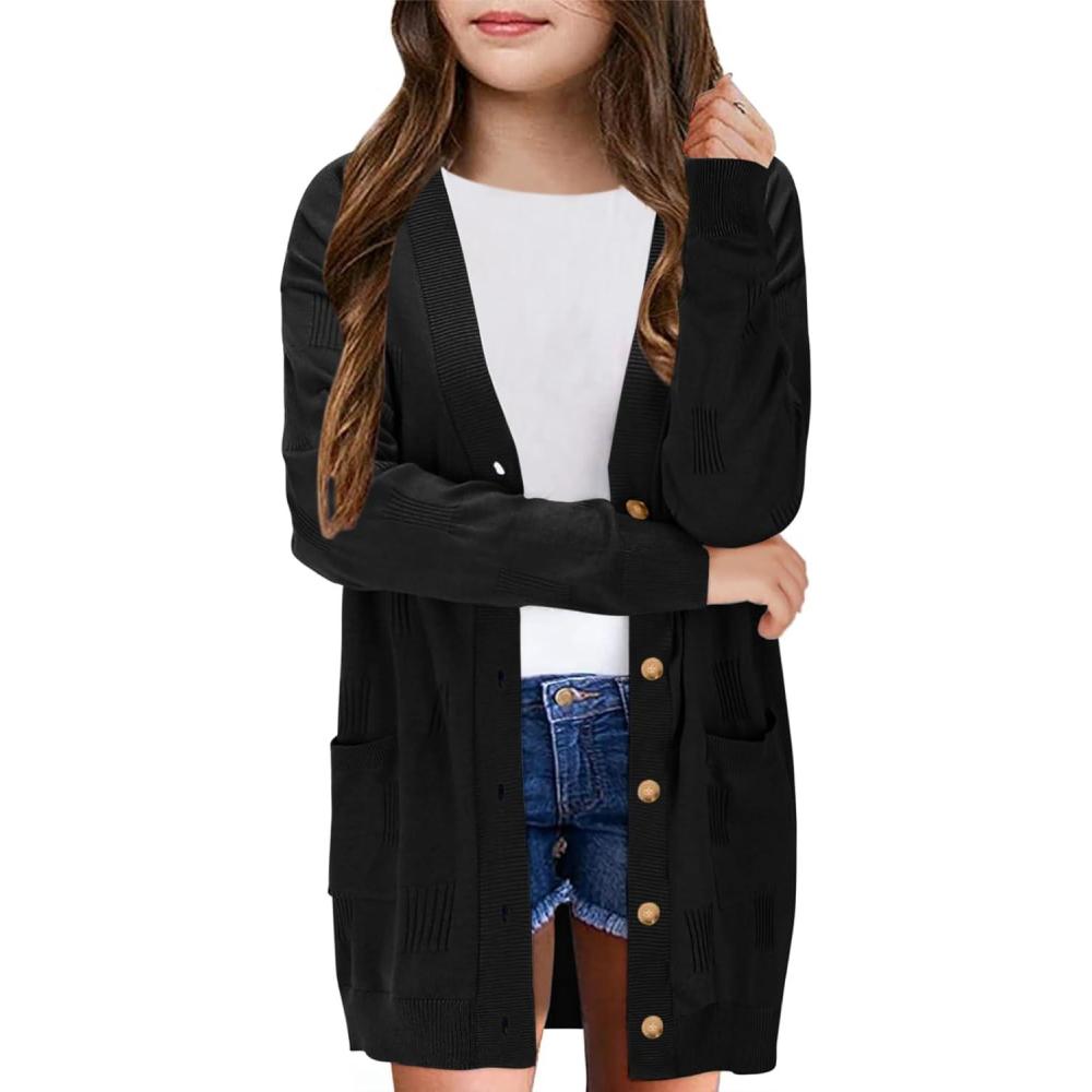 image:imageGirls Cardigans Kids Fashion Open Front Long Sleeve Knit Sweaters Outerwear with Pockets 514 YearsBlack