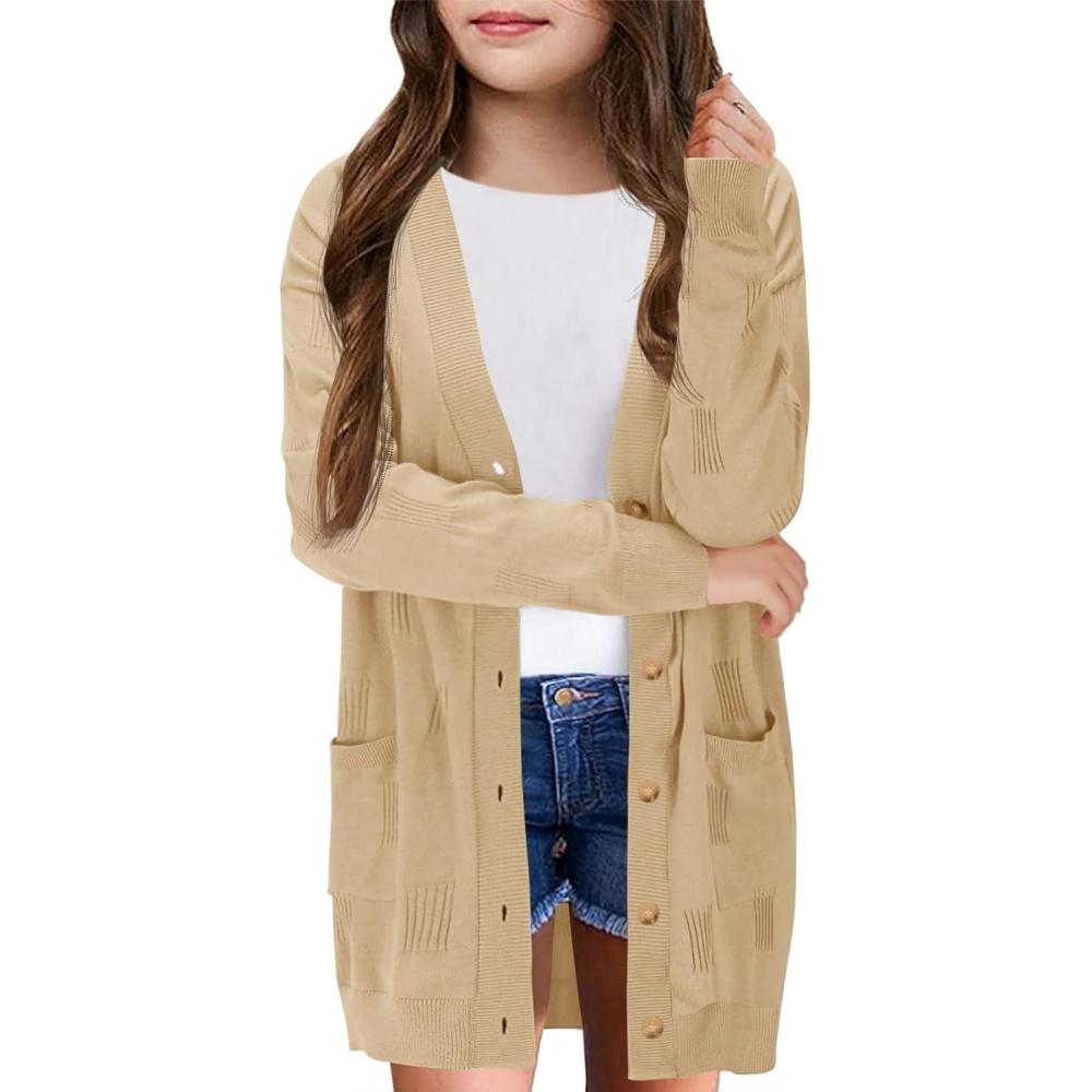 image:imageGirls Cardigans Kids Fashion Open Front Long Sleeve Knit Sweaters Outerwear with Pockets 514 YearsKhaki