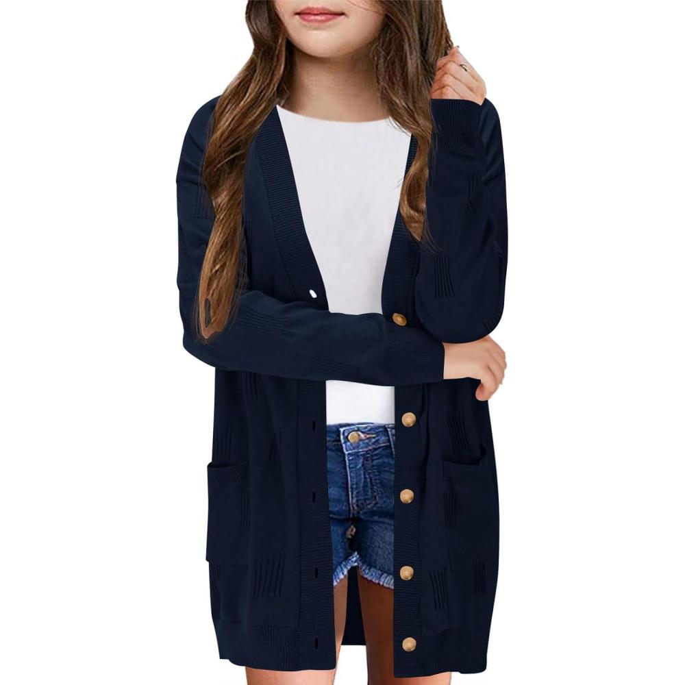 image:imageGirls Cardigans Kids Fashion Open Front Long Sleeve Knit Sweaters Outerwear with Pockets 514 YearsNavy Blue