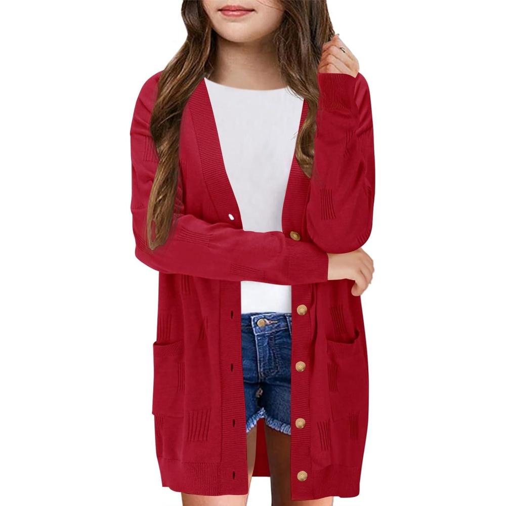 image:imageGirls Cardigans Kids Fashion Open Front Long Sleeve Knit Sweaters Outerwear with Pockets 514 YearsRed