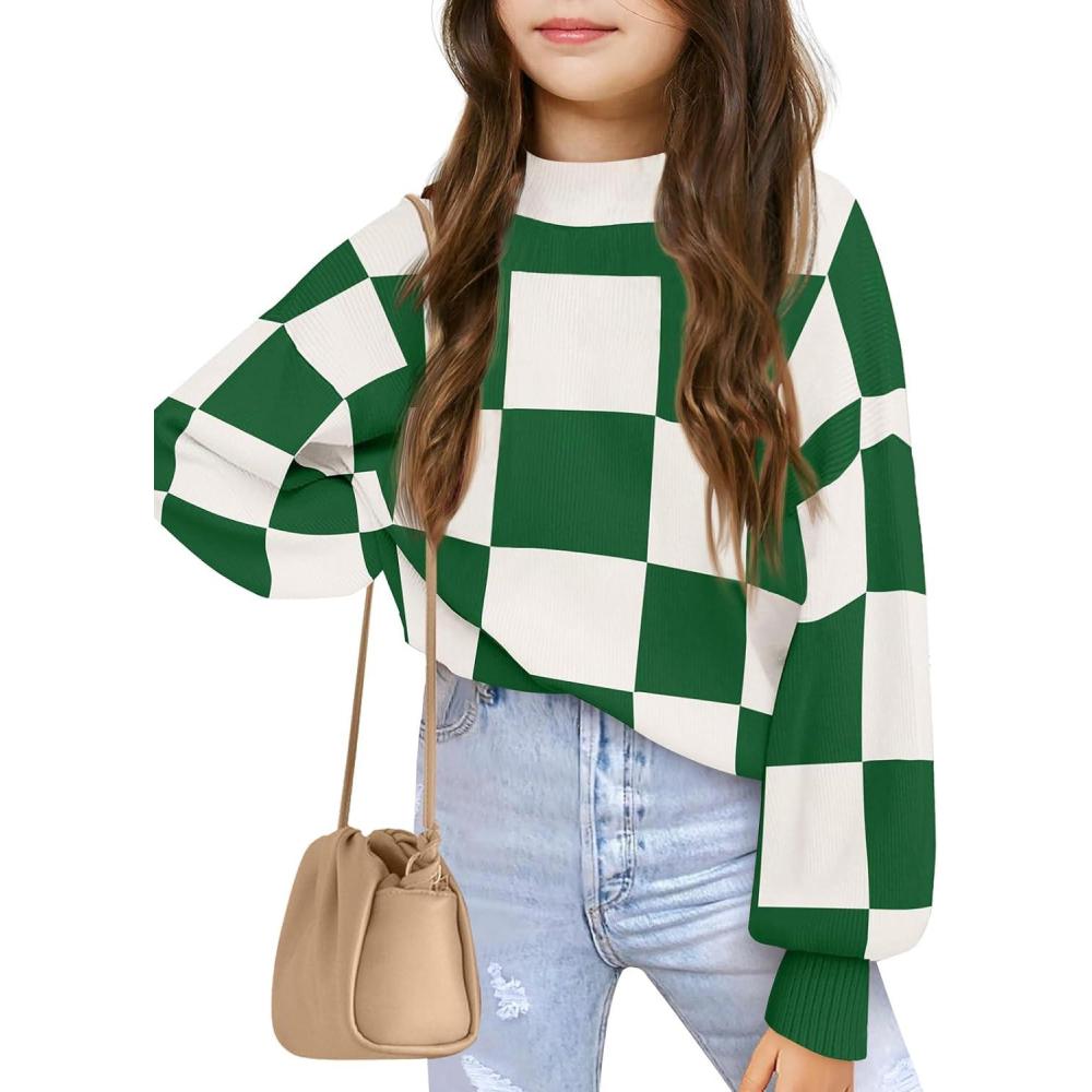image:imageGirls Sweaters Kids Fashion Plaid Mock Neck Pullover Sweater Tops 514 YearsGreen