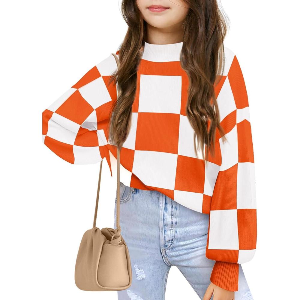 image:imageGirls Sweaters Kids Fashion Plaid Mock Neck Pullover Sweater Tops 514 YearsOrange