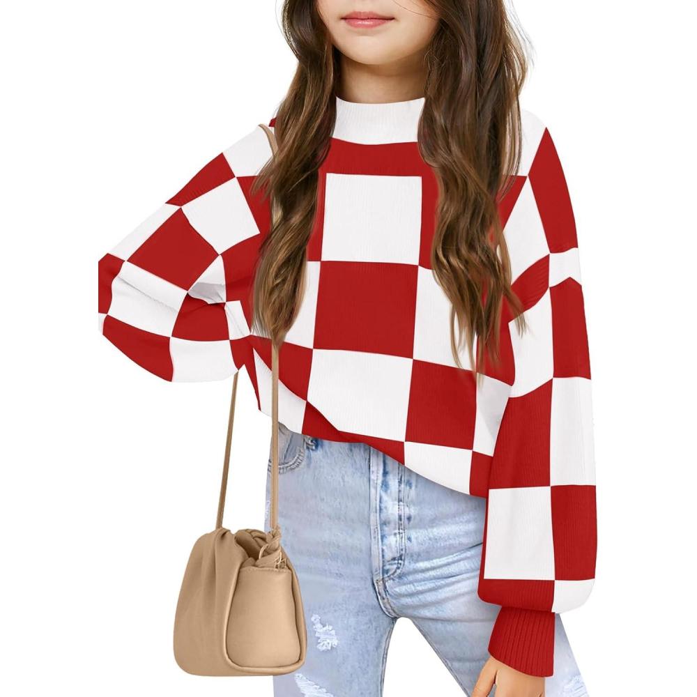 image:imageGirls Sweaters Kids Fashion Plaid Mock Neck Pullover Sweater Tops 514 YearsRed