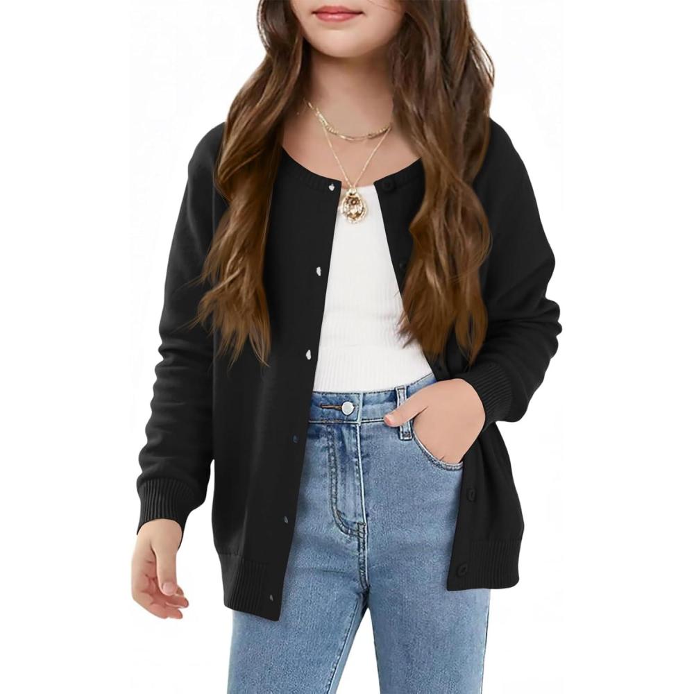 image:imageHaloumoning Girls Button Down Cardigan Kids Long Sleeve Crewneck Uniform Knit Sweater 514 YearsBlack