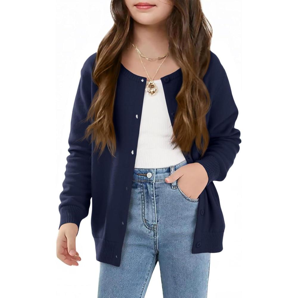 image:imageHaloumoning Girls Button Down Cardigan Kids Long Sleeve Crewneck Uniform Knit Sweater 514 YearsNavy Blue