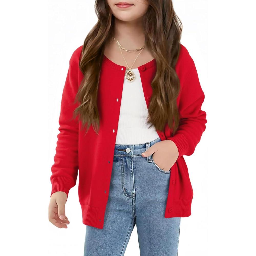 image:imageHaloumoning Girls Button Down Cardigan Kids Long Sleeve Crewneck Uniform Knit Sweater 514 YearsRed