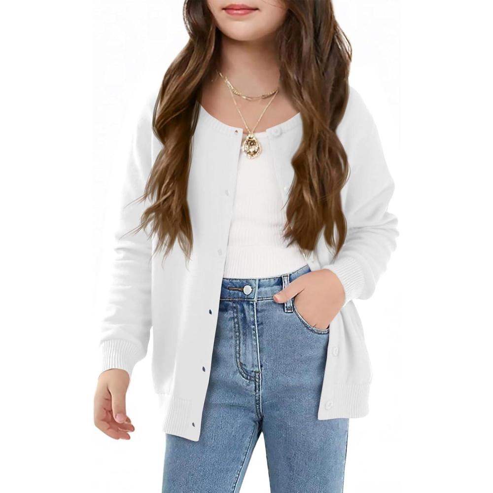image:imageHaloumoning Girls Button Down Cardigan Kids Long Sleeve Crewneck Uniform Knit Sweater 514 YearsWhite
