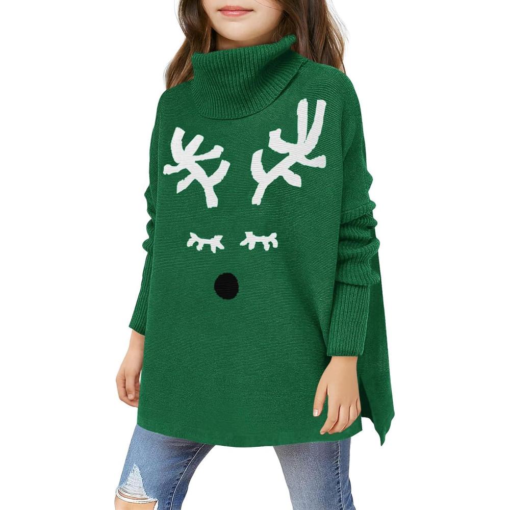 image:imageHaloumoning Girls Christmas Sweater Kids Oversized Turtleneck Cute Reindeer Sweaters with Side SlitGreen