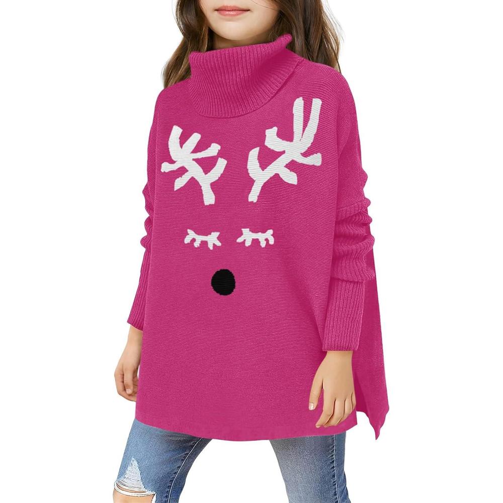 image:imageHaloumoning Girls Christmas Sweater Kids Oversized Turtleneck Cute Reindeer Sweaters with Side SlitHot Pink