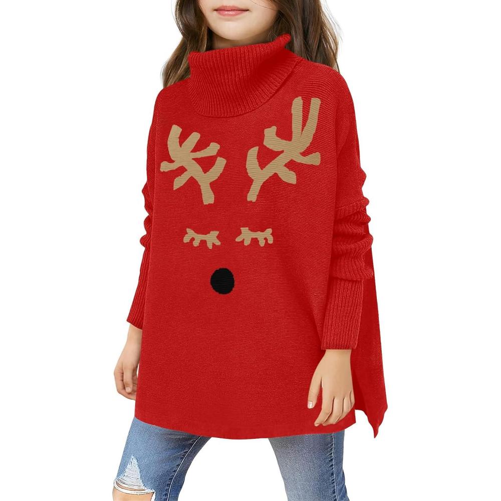 image:imageHaloumoning Girls Christmas Sweater Kids Oversized Turtleneck Cute Reindeer Sweaters with Side SlitRed