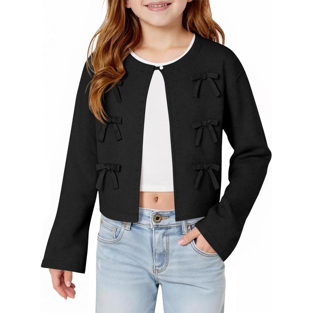 image:imageHaloumoning Girls Cropped Cardigan Sweater Kids Cute Bow Long Sleeve Knitted Sweaters Tops 514 YearsBlack