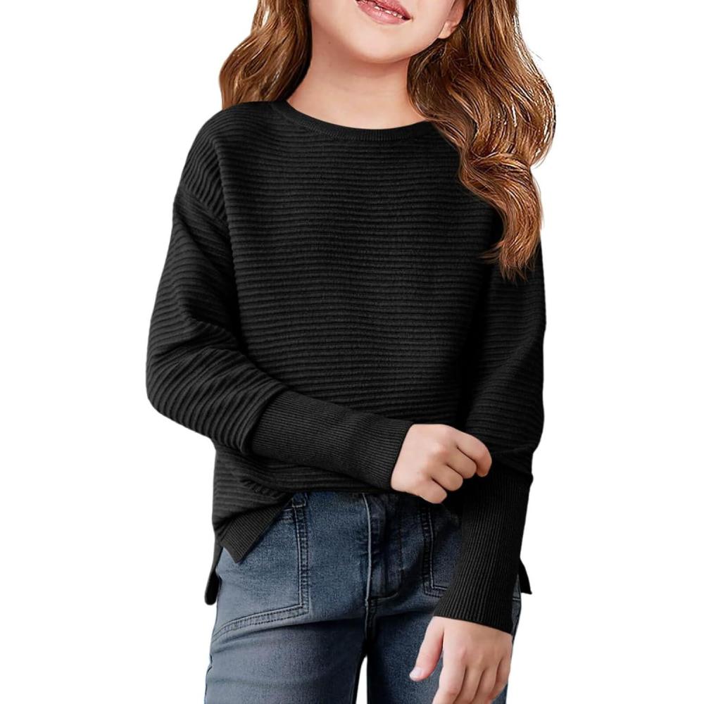 image:imageHaloumoning Girls Fall Sweater Kids Fashion Long Sleeve Ribbed Knit Split Pullover Tops 514YBlack