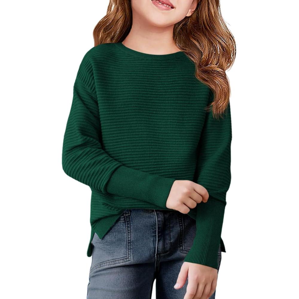 image:imageHaloumoning Girls Fall Sweater Kids Fashion Long Sleeve Ribbed Knit Split Pullover Tops 514YBlackish Green