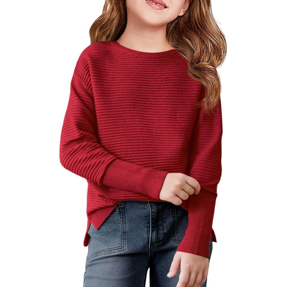 image:imageHaloumoning Girls Fall Sweater Kids Fashion Long Sleeve Ribbed Knit Split Pullover Tops 514YBurgundy