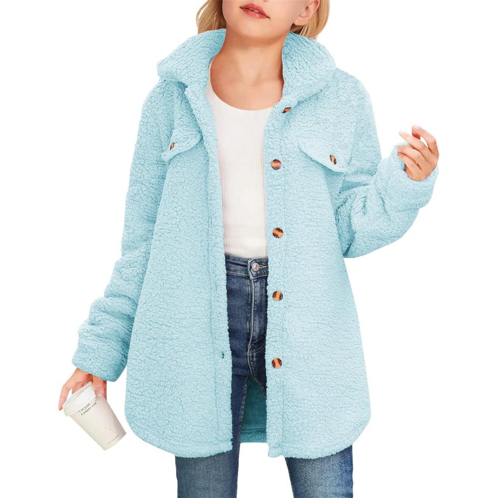 image:imageHaloumoning Girls Fuzzy Fleece Jacket Casual Button Down Sherpa Overcoat Faux Fur Jackets Outwear 415 YearsBlue