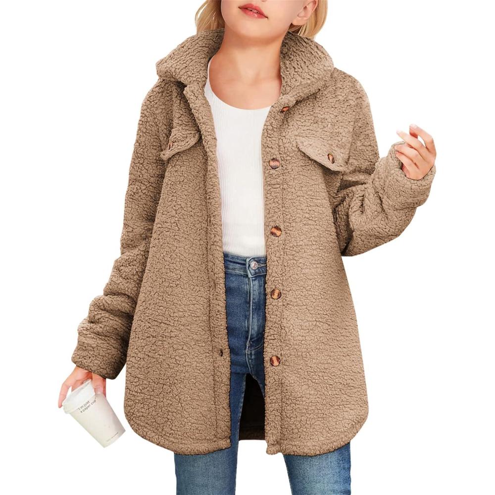 image:imageHaloumoning Girls Fuzzy Fleece Jacket Casual Button Down Sherpa Overcoat Faux Fur Jackets Outwear 415 YearsBrown