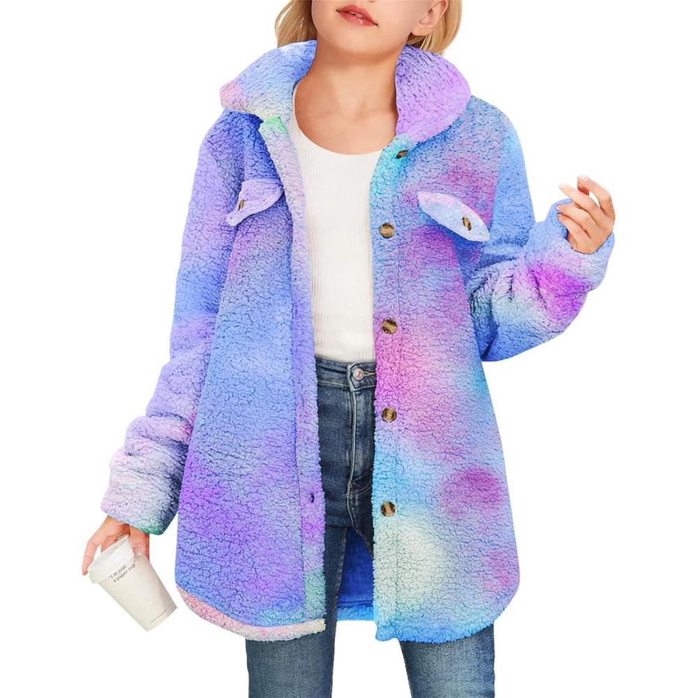 image:imageHaloumoning Girls Fuzzy Fleece Jacket Casual Button Down Sherpa Overcoat Faux Fur Jackets Outwear 415 YearsGradient Pink