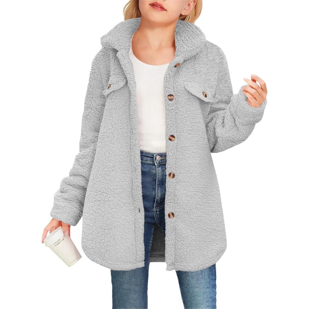 image:imageHaloumoning Girls Fuzzy Fleece Jacket Casual Button Down Sherpa Overcoat Faux Fur Jackets Outwear 415 YearsGrey