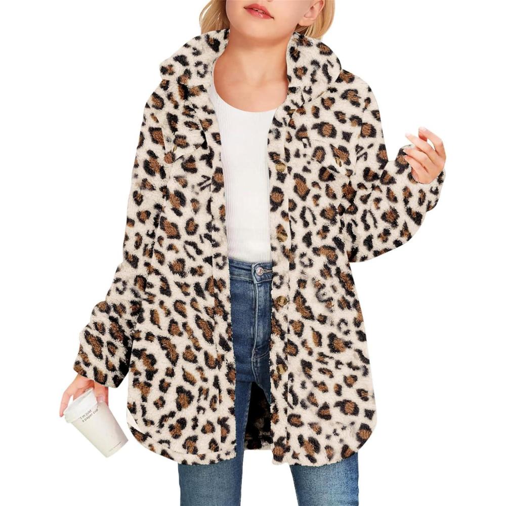 image:imageHaloumoning Girls Fuzzy Fleece Jacket Casual Button Down Sherpa Overcoat Faux Fur Jackets Outwear 415 YearsLeopard Beige