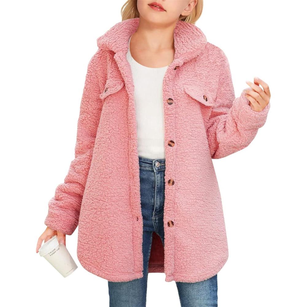 image:imageHaloumoning Girls Fuzzy Fleece Jacket Casual Button Down Sherpa Overcoat Faux Fur Jackets Outwear 415 YearsPink