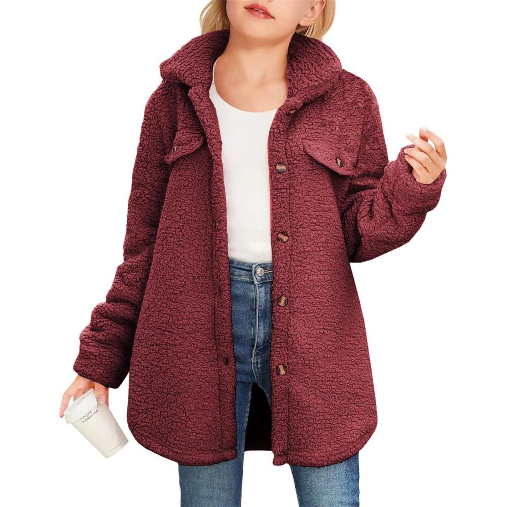 image:imageHaloumoning Girls Fuzzy Fleece Jacket Casual Button Down Sherpa Overcoat Faux Fur Jackets Outwear 415 YearsWine Red