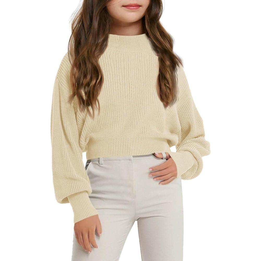 image:imageHaloumoning Girls Knit Pullover Sweaters Mock Neck Long Lantern Sleeve Jumper Tops 514 YearsApricot