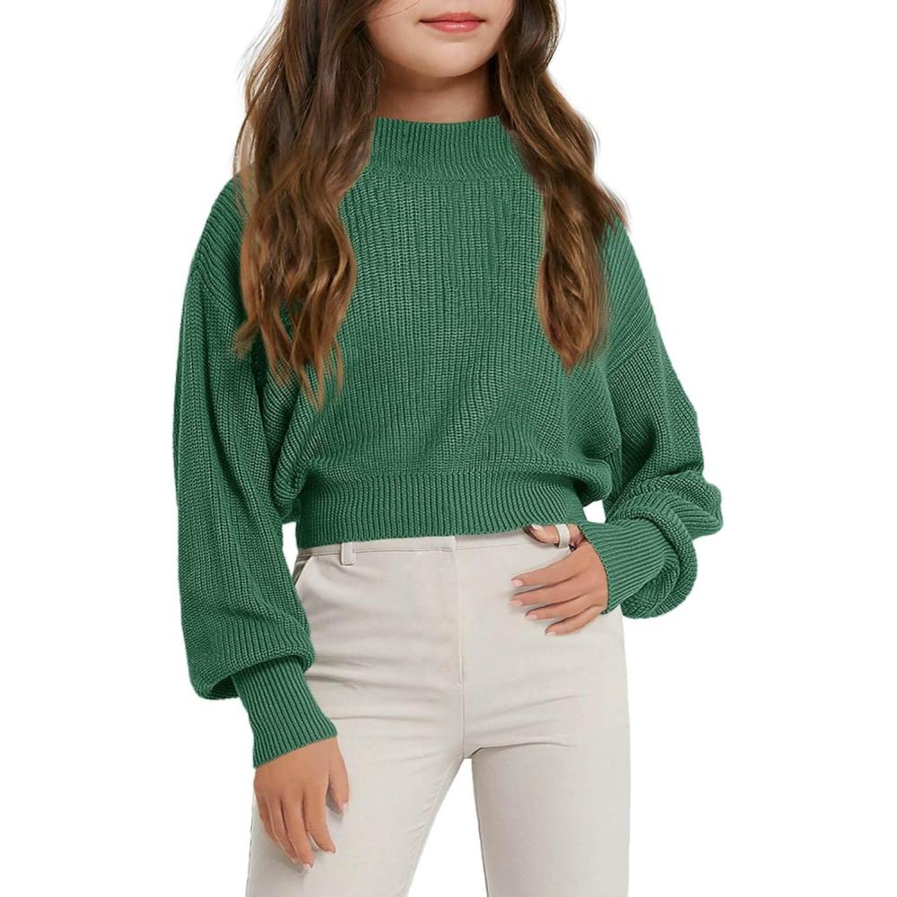 image:imageHaloumoning Girls Knit Pullover Sweaters Mock Neck Long Lantern Sleeve Jumper Tops 514 YearsGreen