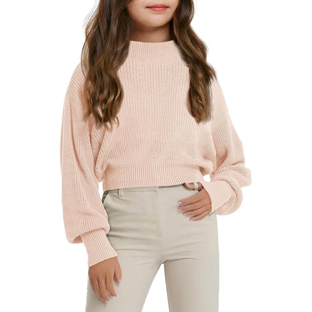 image:imageHaloumoning Girls Knit Pullover Sweaters Mock Neck Long Lantern Sleeve Jumper Tops 514 YearsLight Pink