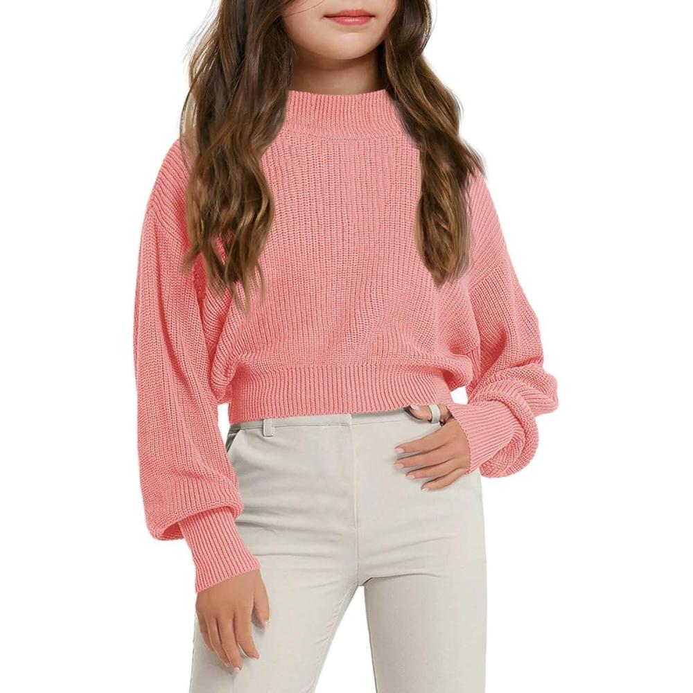 image:imageHaloumoning Girls Knit Pullover Sweaters Mock Neck Long Lantern Sleeve Jumper Tops 514 YearsPink