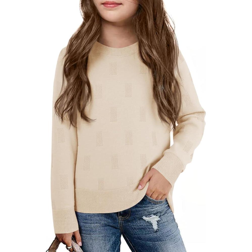 image:imageHaloumoning Girls Knit Sweaters Casual Long Sleeve Textured Pullover Tops Kids Loose Fit Comfy Fall Clothes 514 YearsKhaki