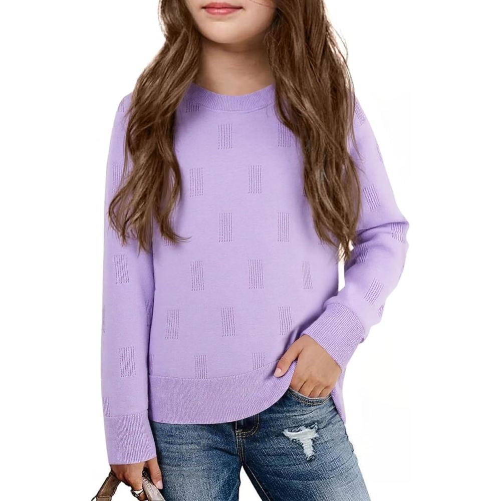 image:imageHaloumoning Girls Knit Sweaters Casual Long Sleeve Textured Pullover Tops Kids Loose Fit Comfy Fall Clothes 514 YearsLight Purple