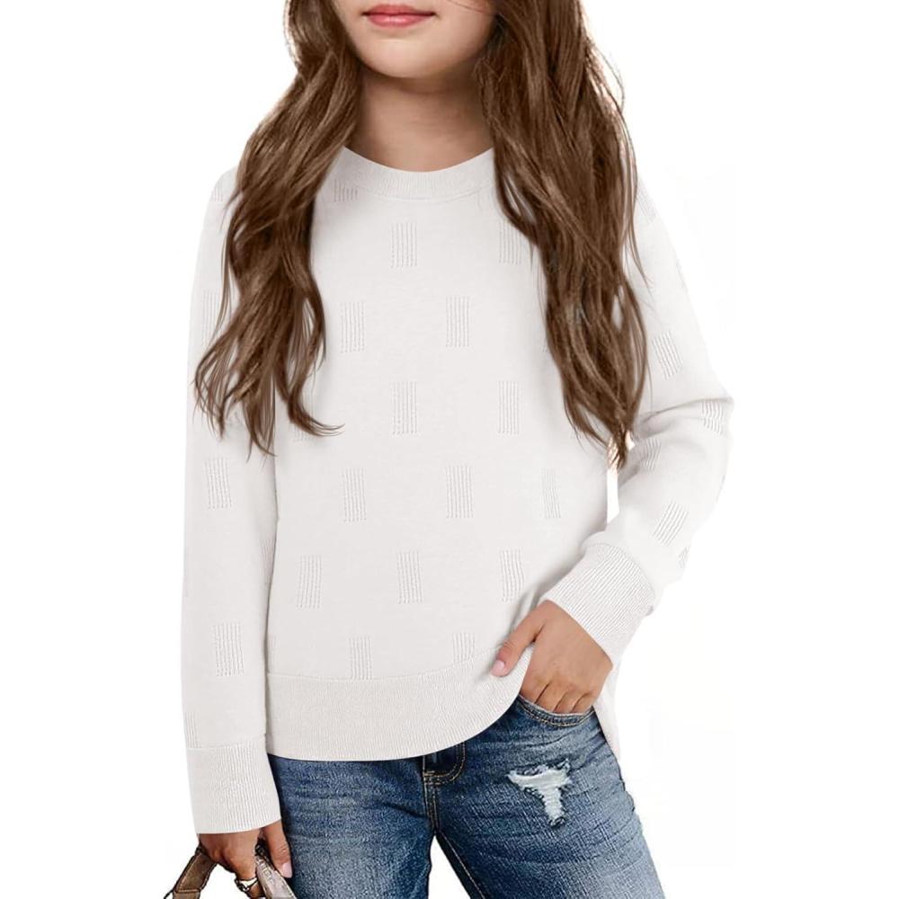 image:imageHaloumoning Girls Knit Sweaters Casual Long Sleeve Textured Pullover Tops Kids Loose Fit Comfy Fall Clothes 514 YearsWhite